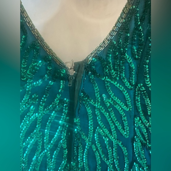 Laurence Kazar Vintage Dress Size XL Emerald Green Sequin Silk Spaghetti Straps - Picture 6 of 15